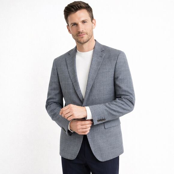 Jos A Bank 1905 Gray Windowpane Sport Coat 43R Slim Fit Wool Blazer brrr Comfort